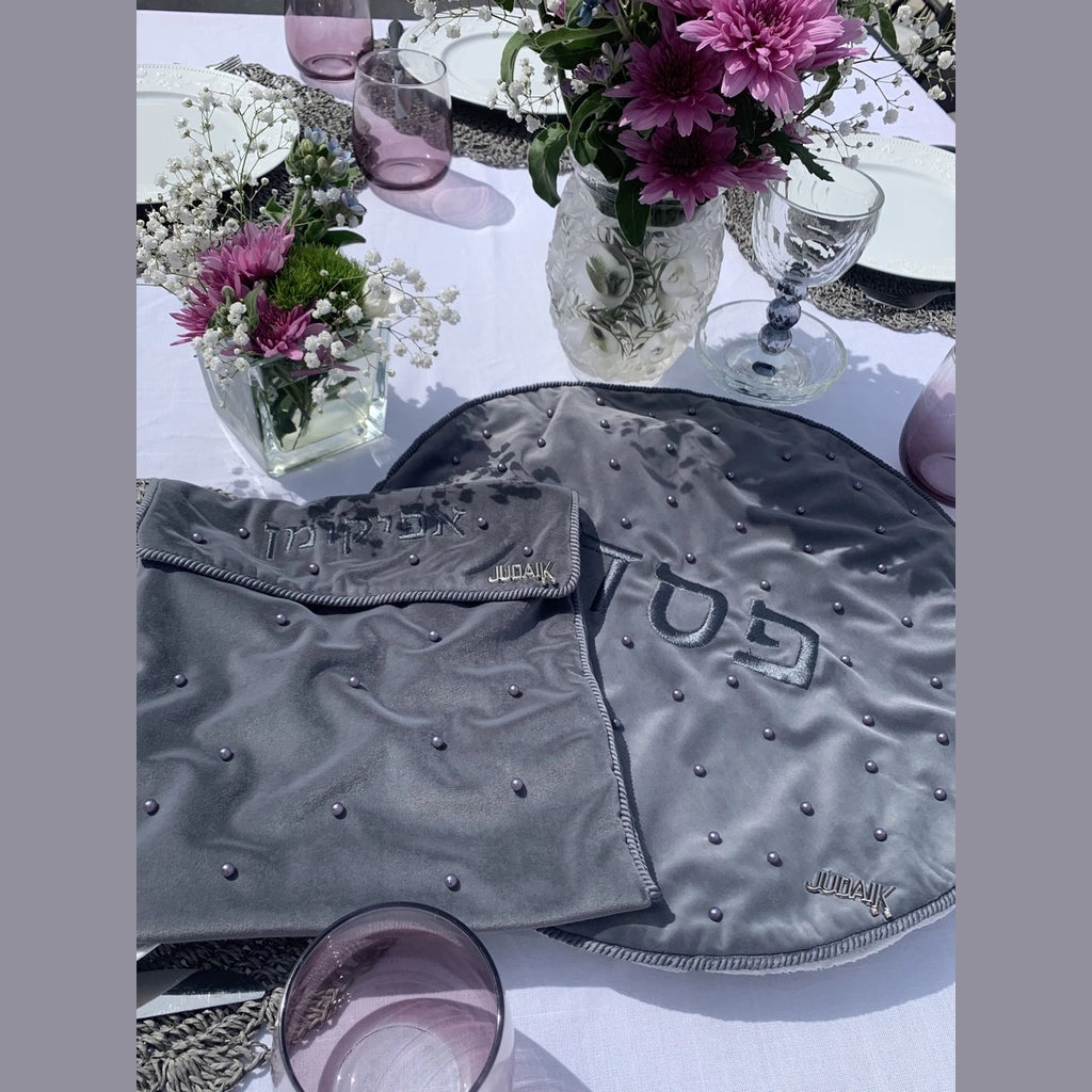 Grey Velvet Matzah and Afikoman Cover Set