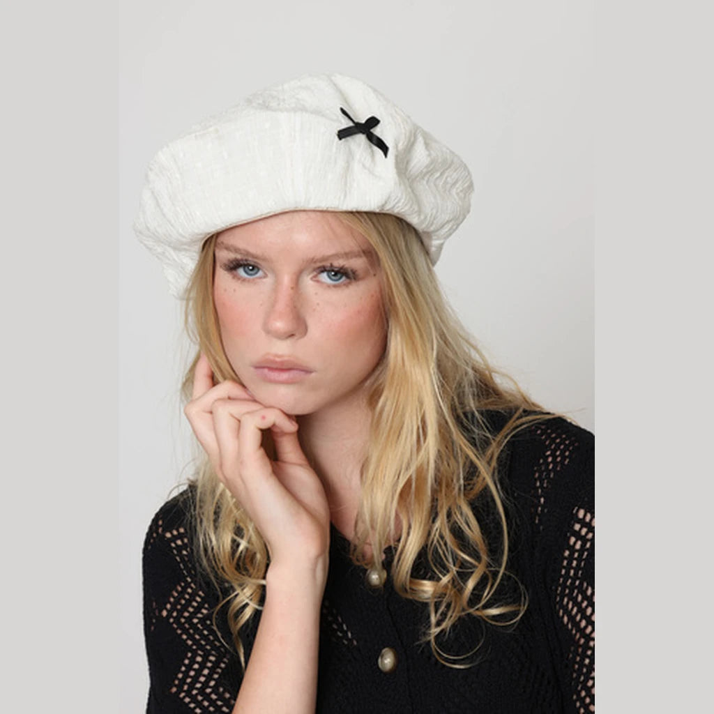 White Bow Cotton Beret