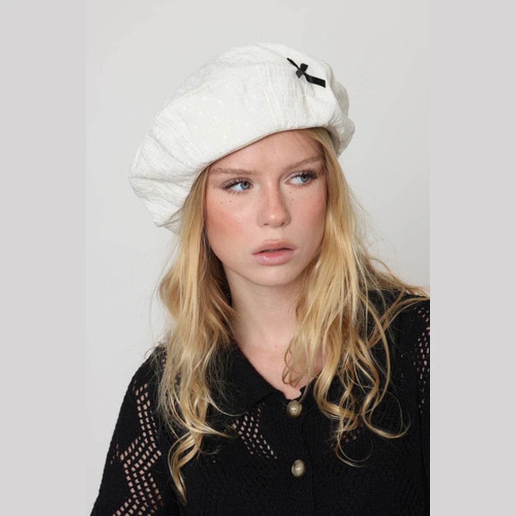 White Bow Cotton Beret