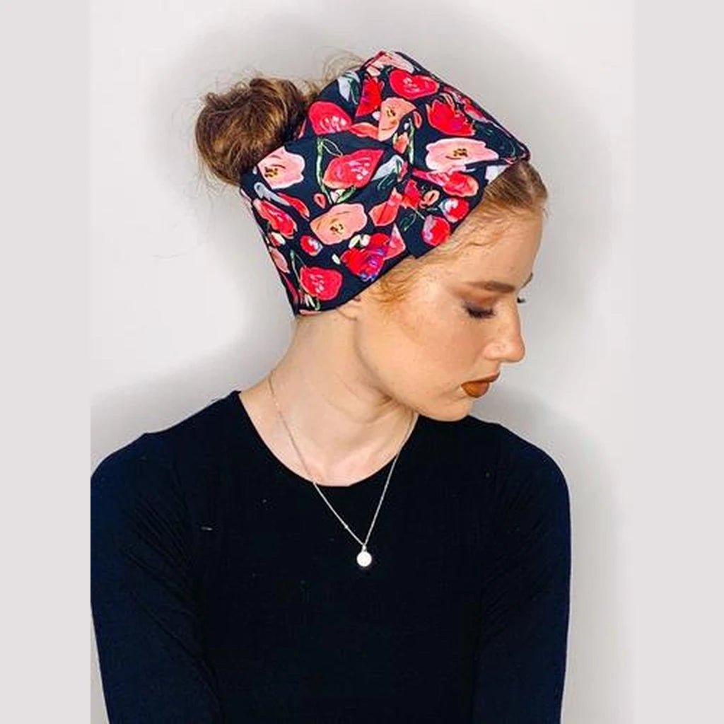 Floral Print Bow Headband – Black | Partial & Full Coverage