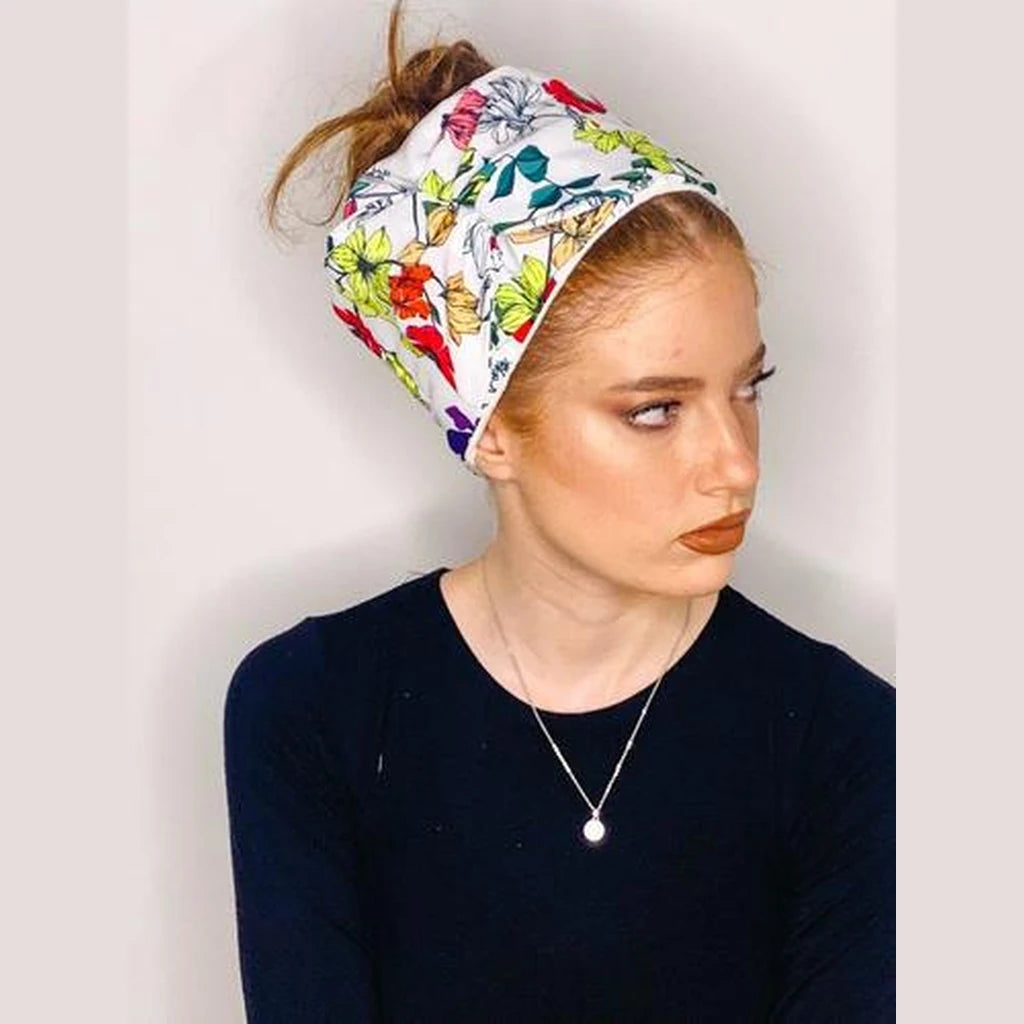 Floral Print Bow Headband – White | Partial & Full Coverage
