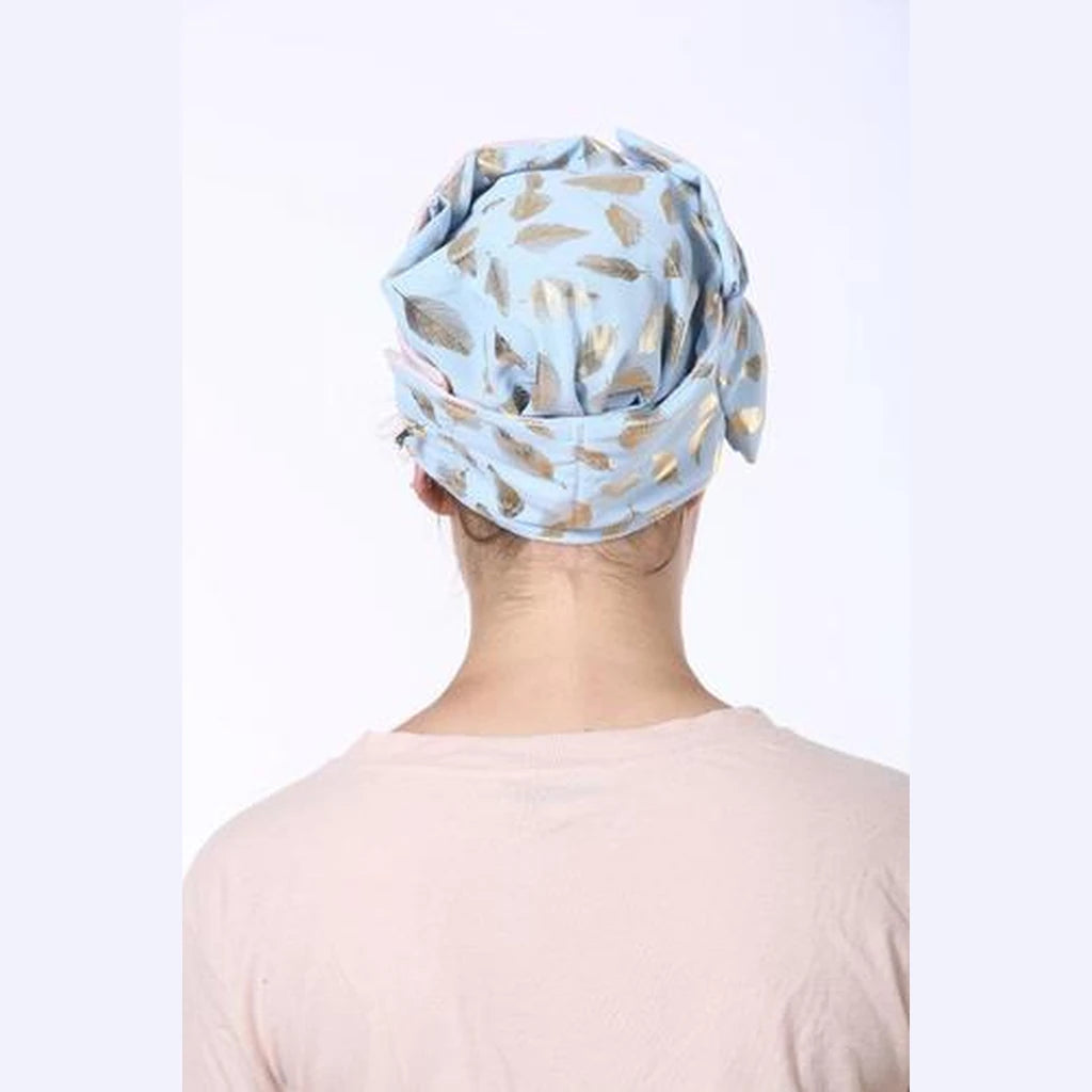 Light Blue Silk with Golden Feathers Bow Headwrap – Partial / Full Coverage
