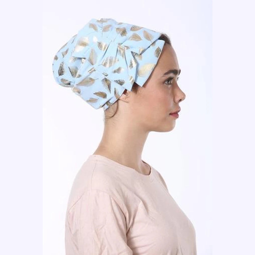 Light Blue Silk with Golden Feathers Bow Headwrap – Partial / Full Coverage