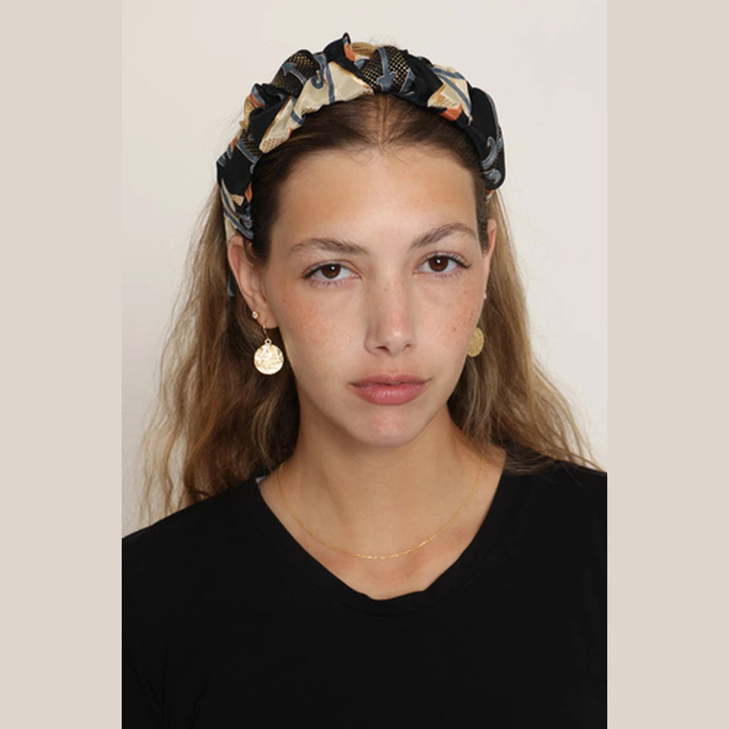 Black Orange Floral Ruched Headband