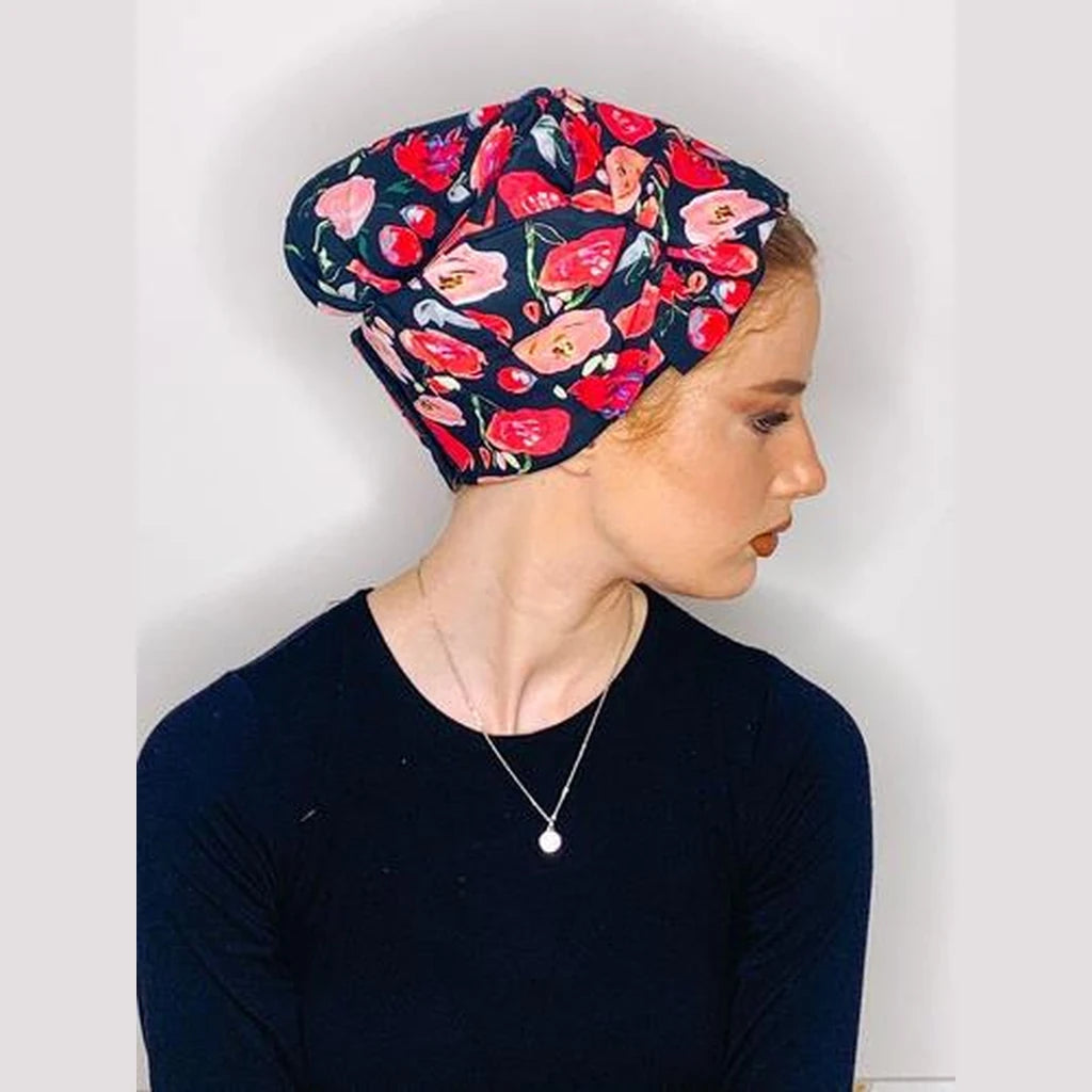 Black Floral Printed Partial / Full Coverage Headwrap