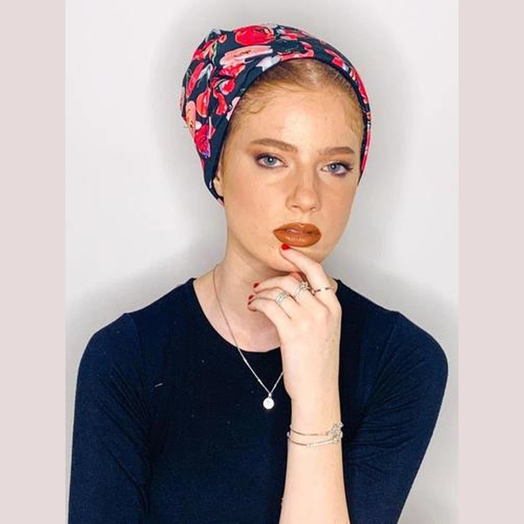 Black Floral Printed Partial / Full Coverage Headwrap