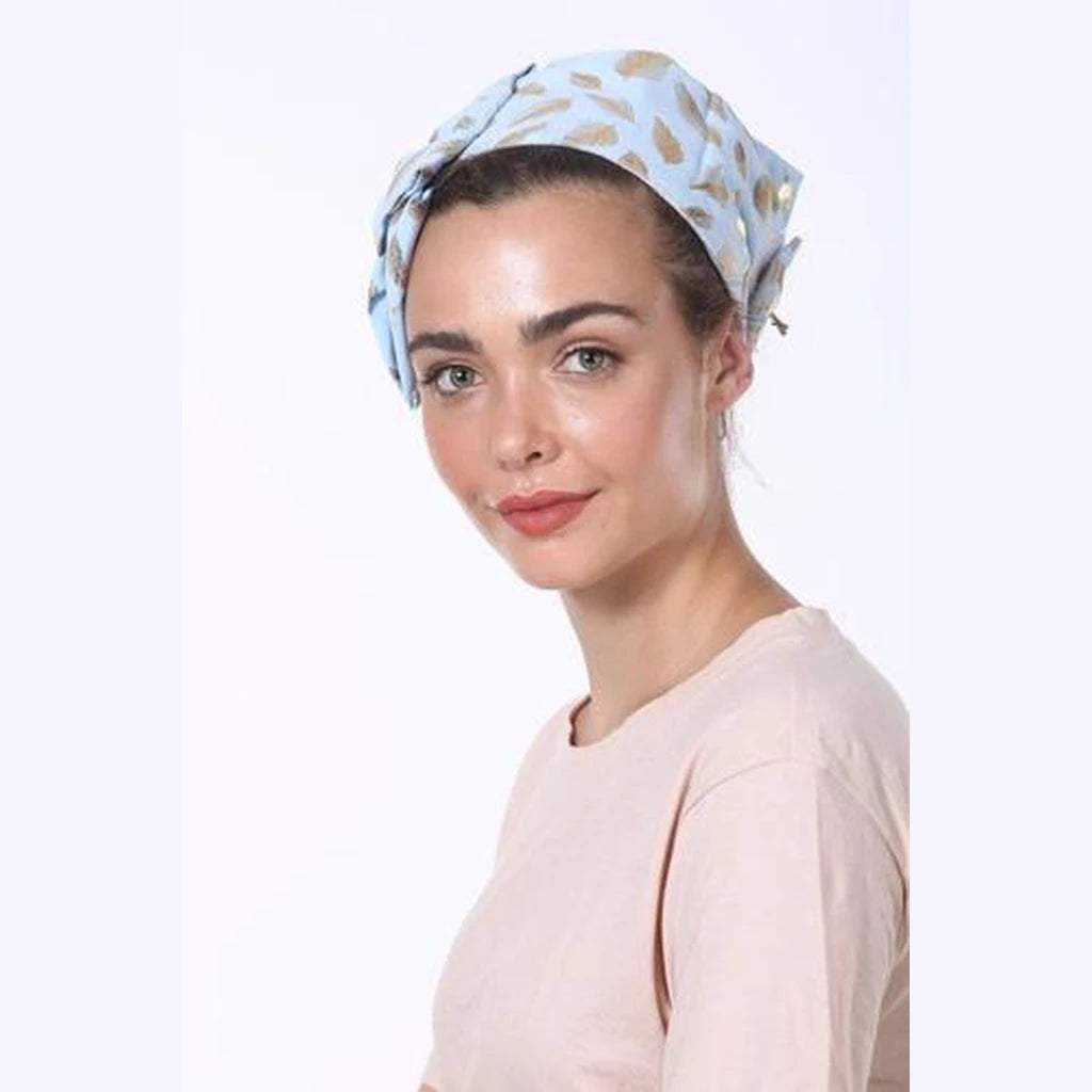 Light Blue Silk with Golden Feathers Partial / Full Coverage Headwrap