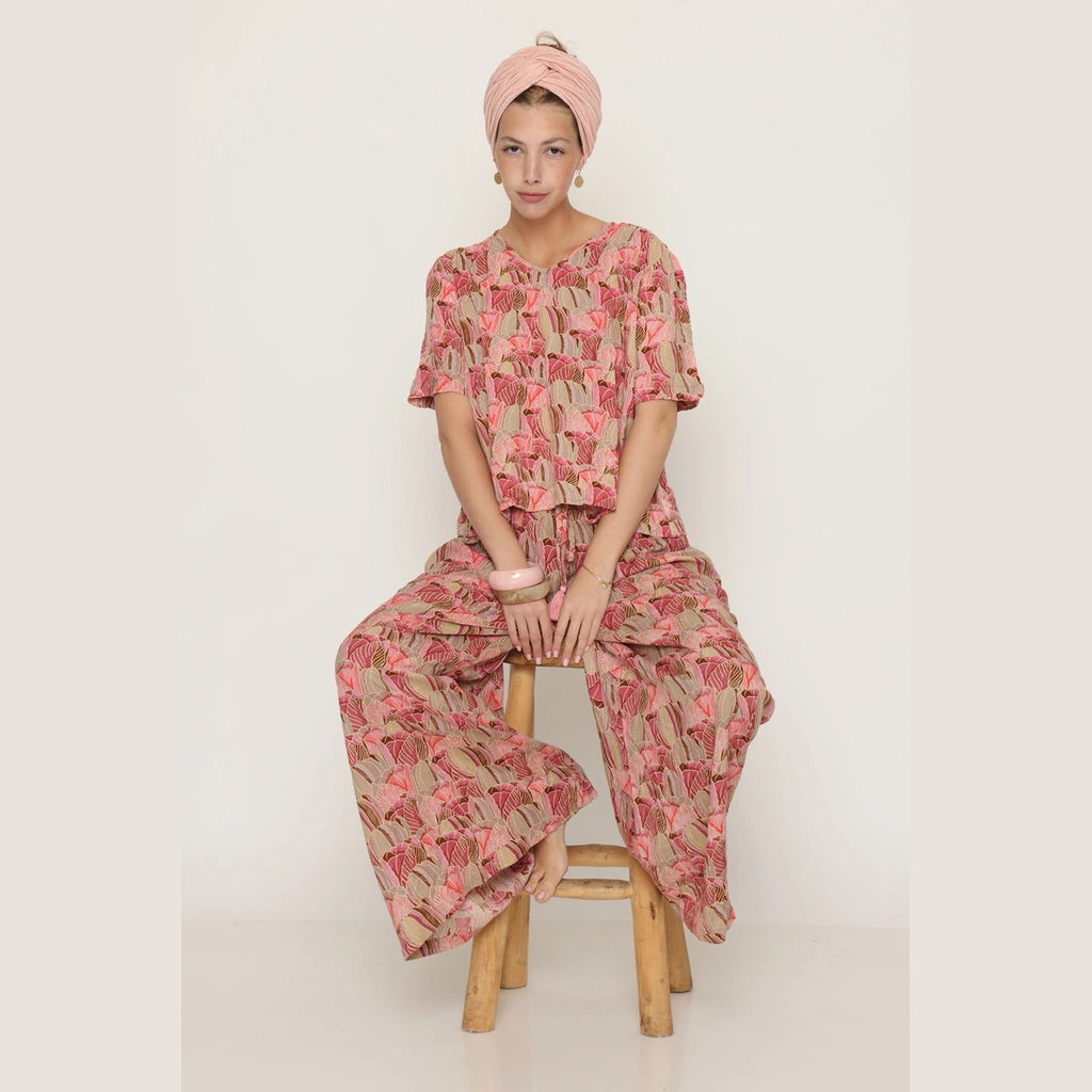 Pink Geometric Floral Wide-Leg Pants