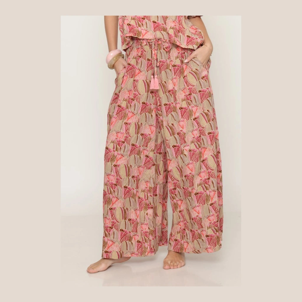 Pink Geometric Floral Wide-Leg Pants
