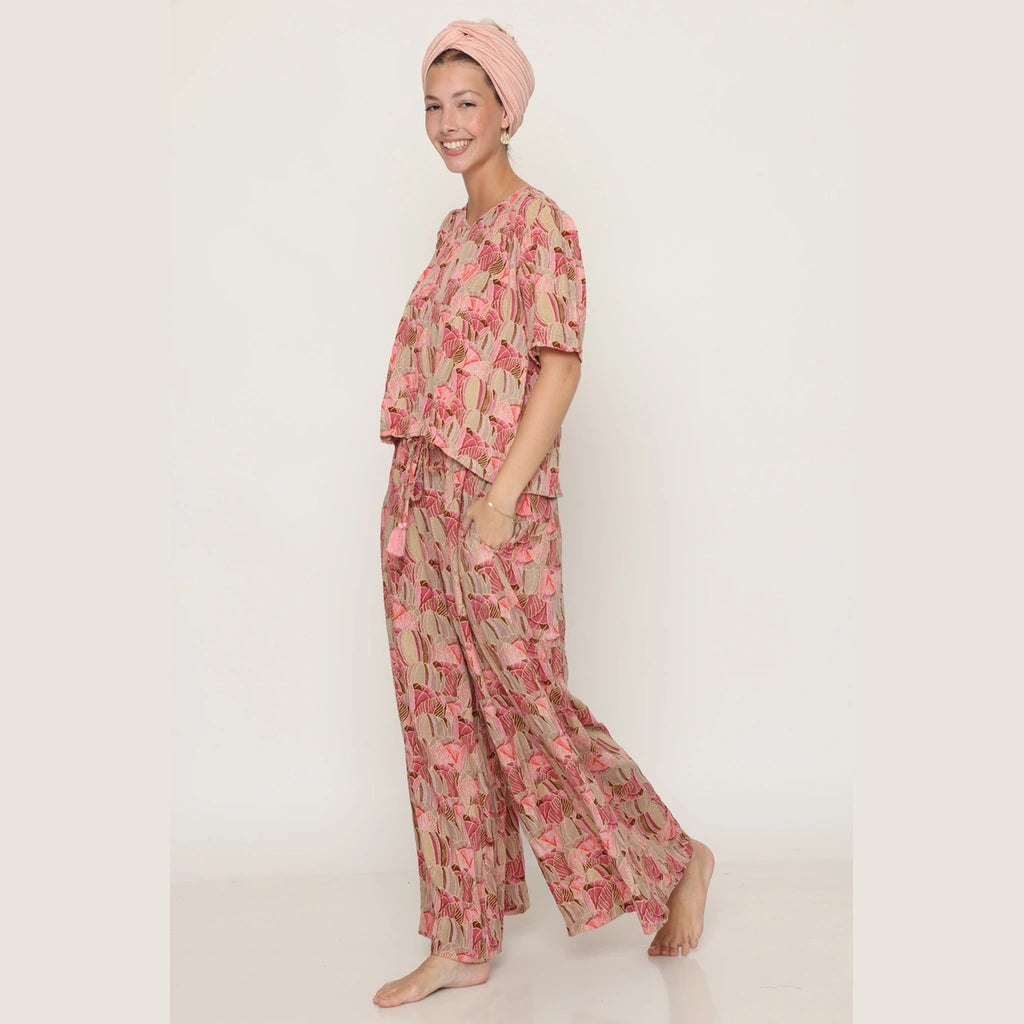 Pink Geometric Floral Wide-Leg Pants