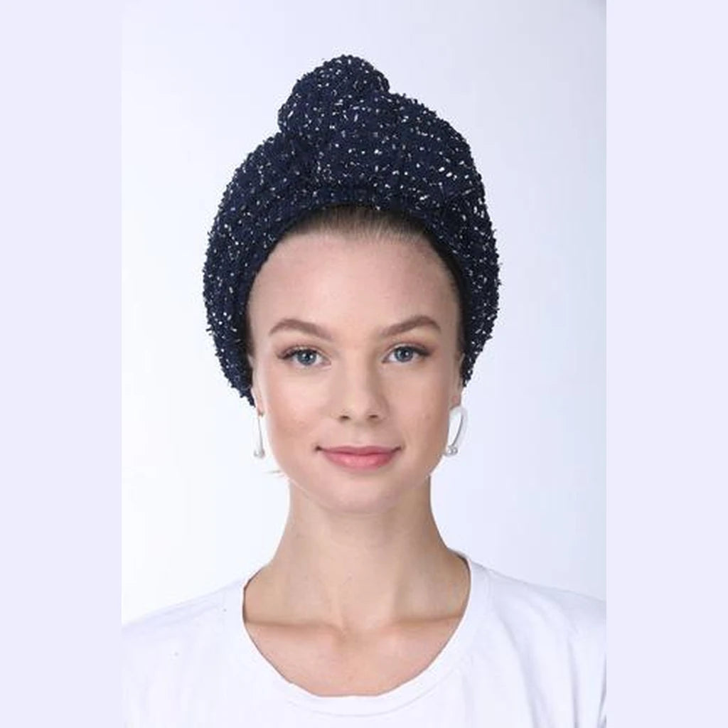 Navy Blue with Silver Accents Knotted Partial / Full Coverage Turban Headwrap