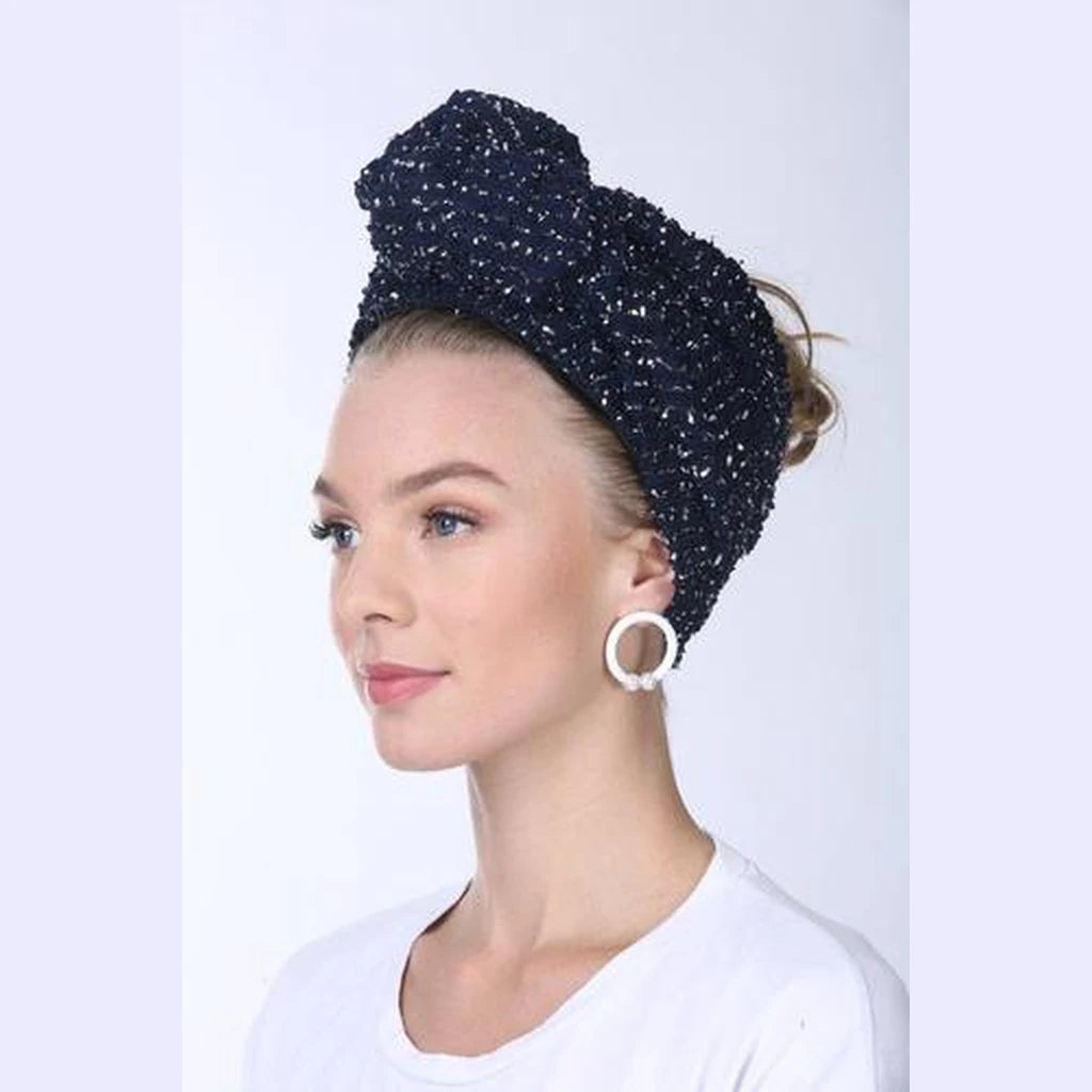 Navy Blue with Silver Accents Knotted Partial / Full Coverage Turban Headwrap