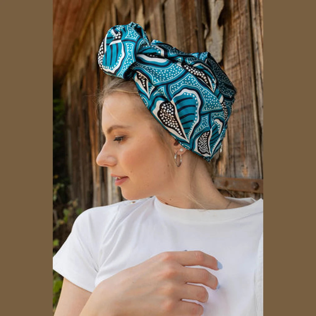 Knotted Printed Turban Head Covering – Turquoise
