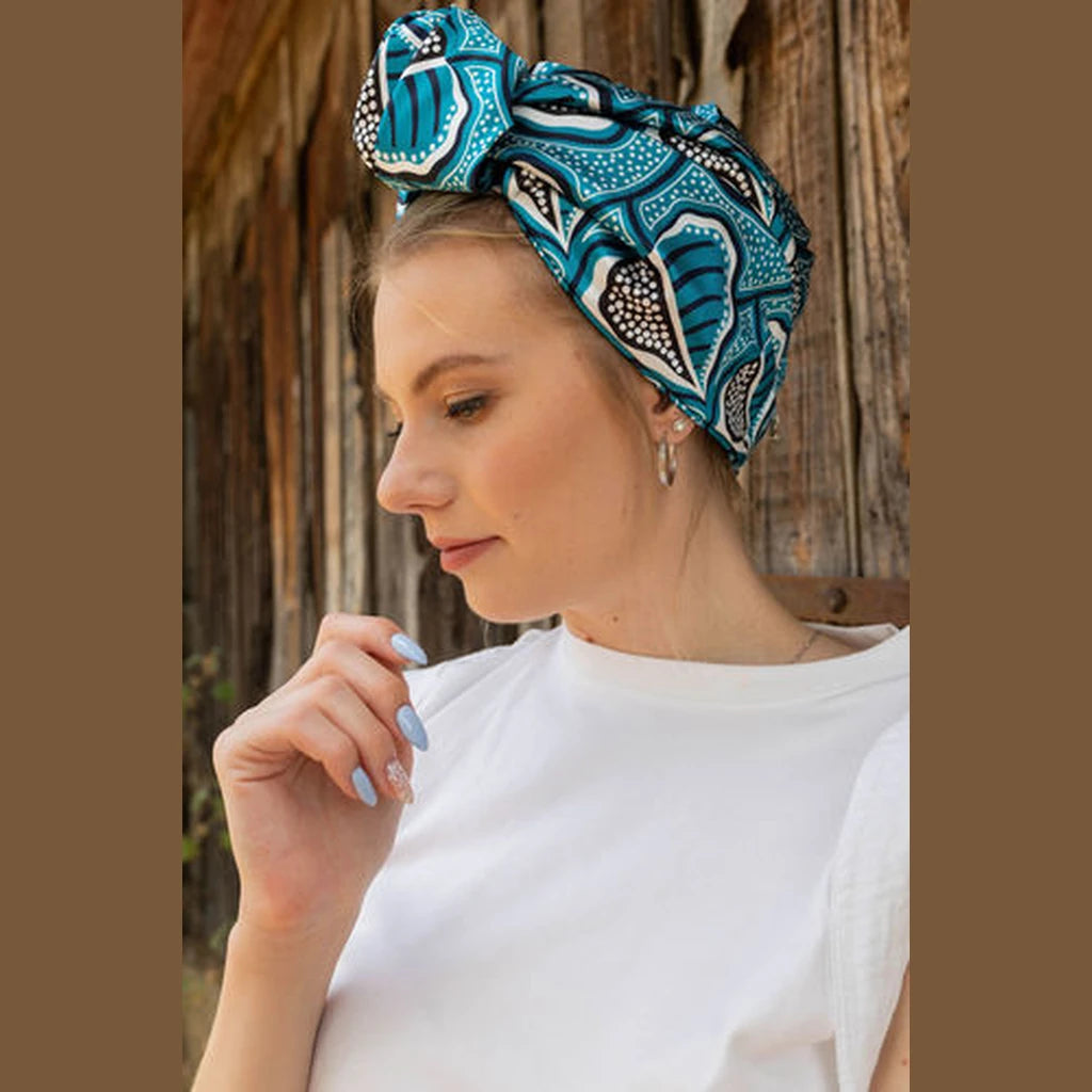 Knotted Printed Turban Head Covering – Turquoise