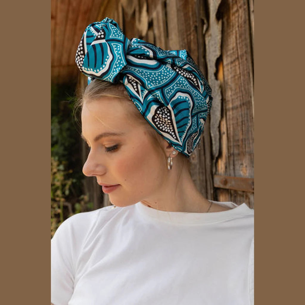 Knotted Printed Turban Head Covering – Turquoise