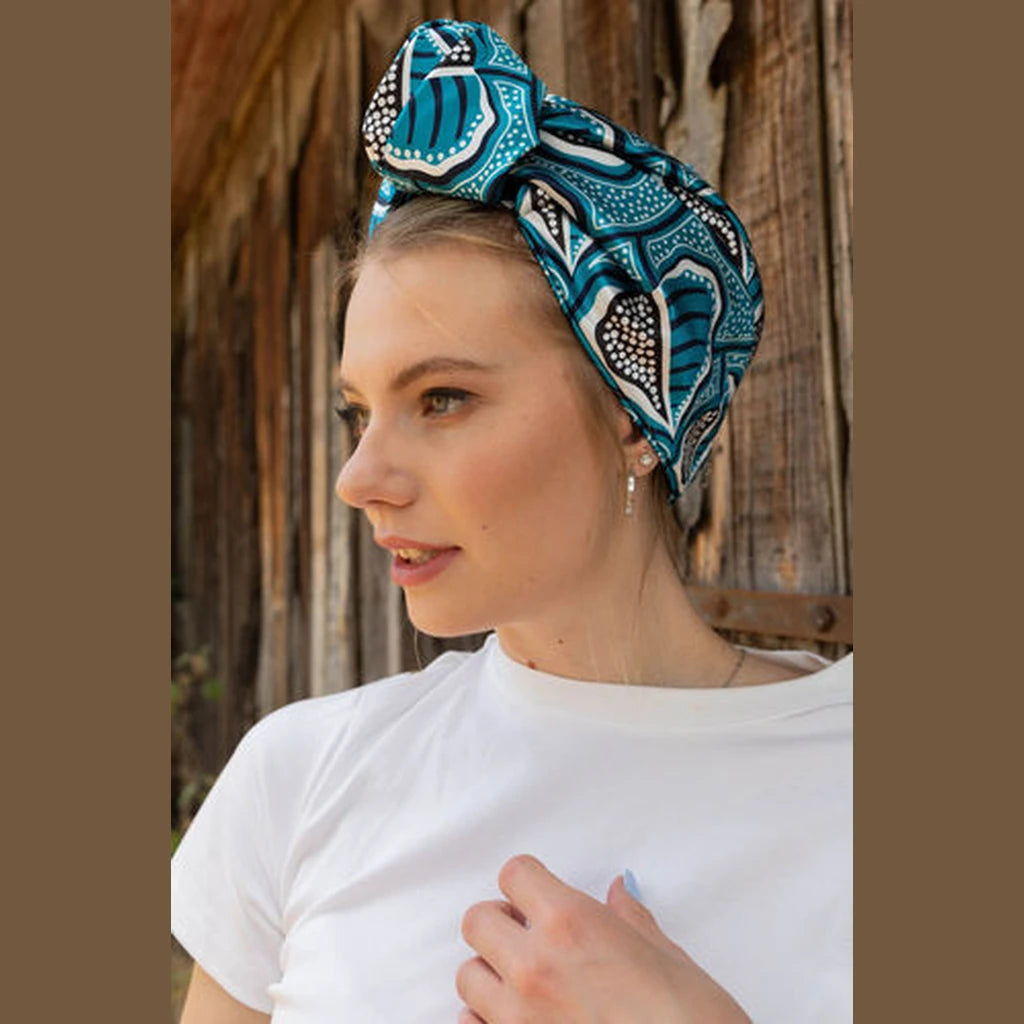 Knotted Printed Turban Head Covering – Turquoise