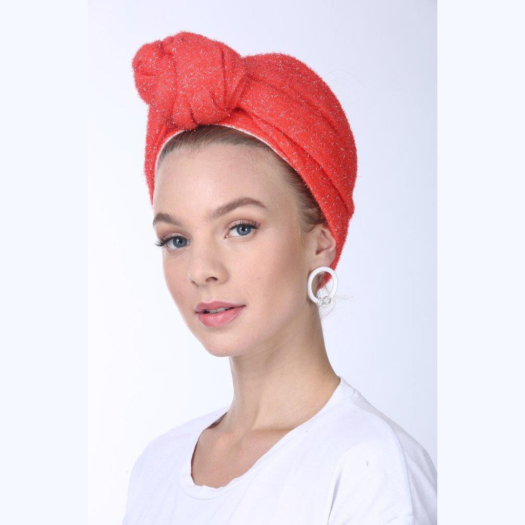 Partial & Full Coverage Knotted Lurex Turban Head Covering – Orange