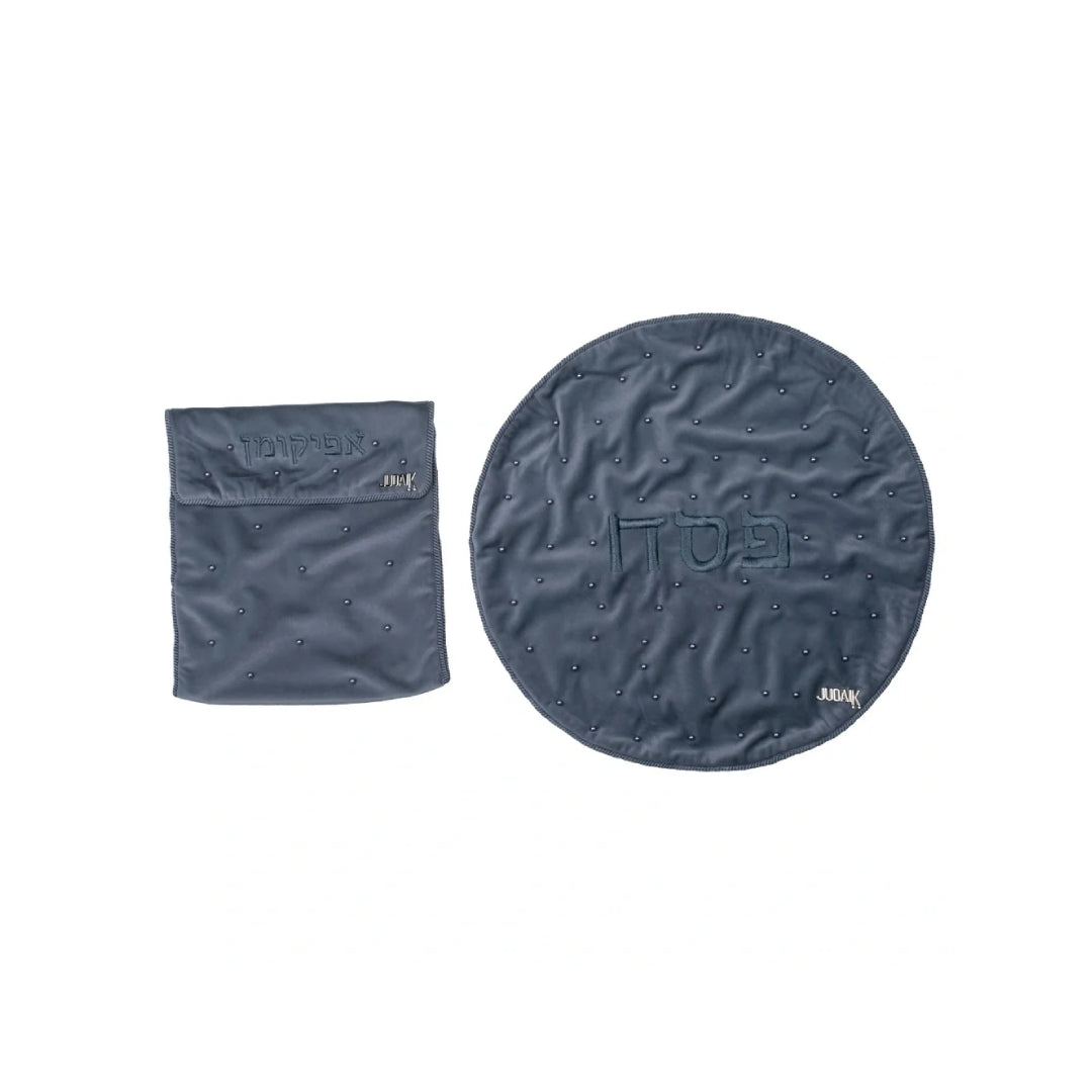 Grey Velvet Matzah and Afikoman Cover Set