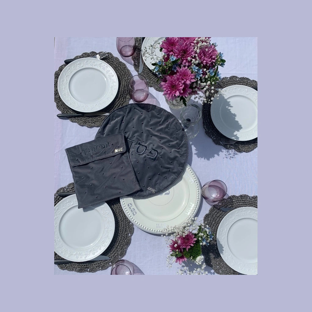 Grey Velvet Matzah and Afikoman Cover Set