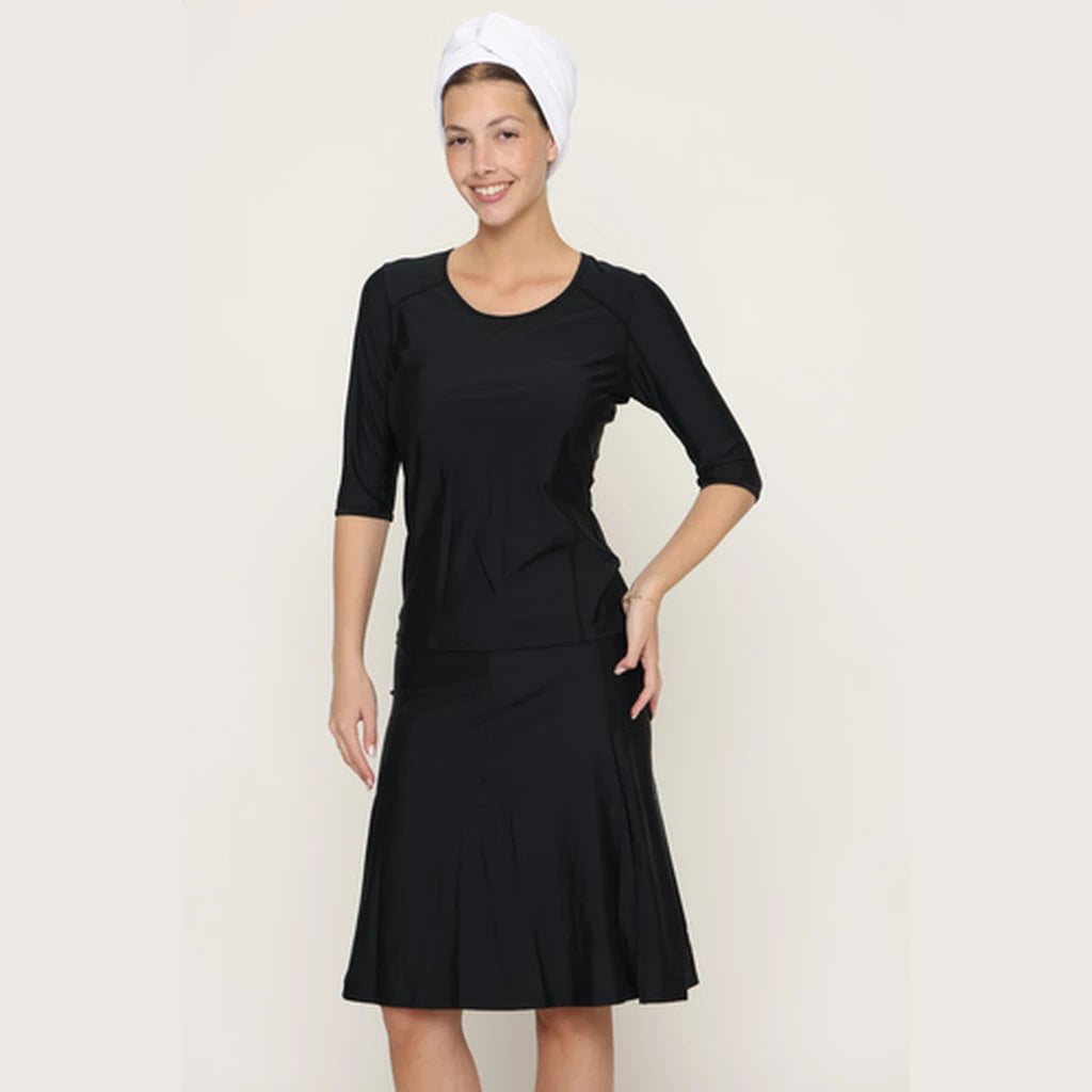 Modest Swim Top with 3/4 Sleeves – Black XS–3XL
