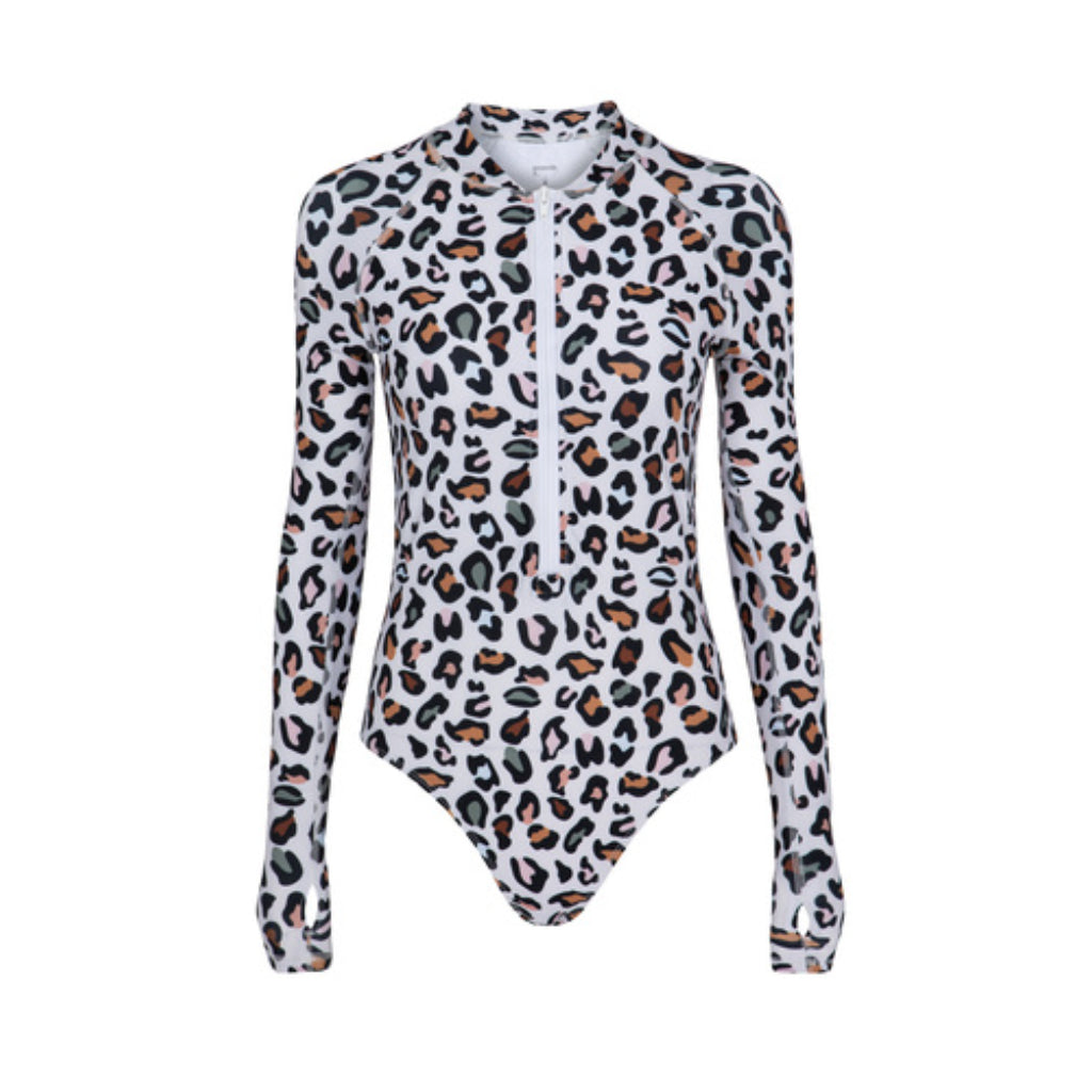 Modest Swimwear – White Leopard Print Bodysuit