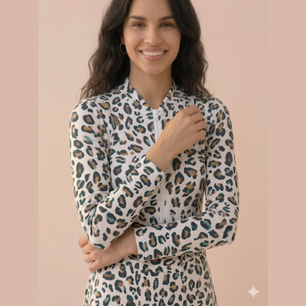 Modest Swimwear – White Leopard Print Bodysuit