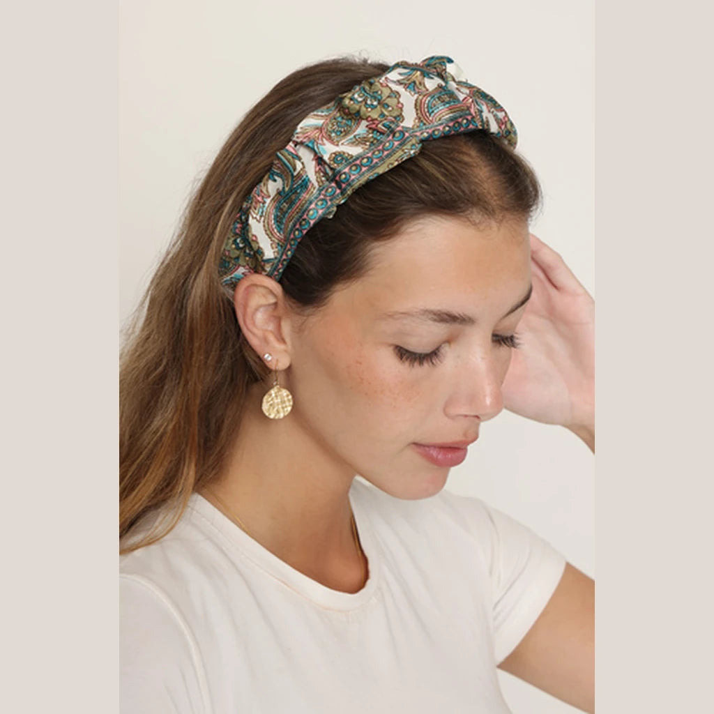 Pink Turquoise Paisley Ruched Headband
