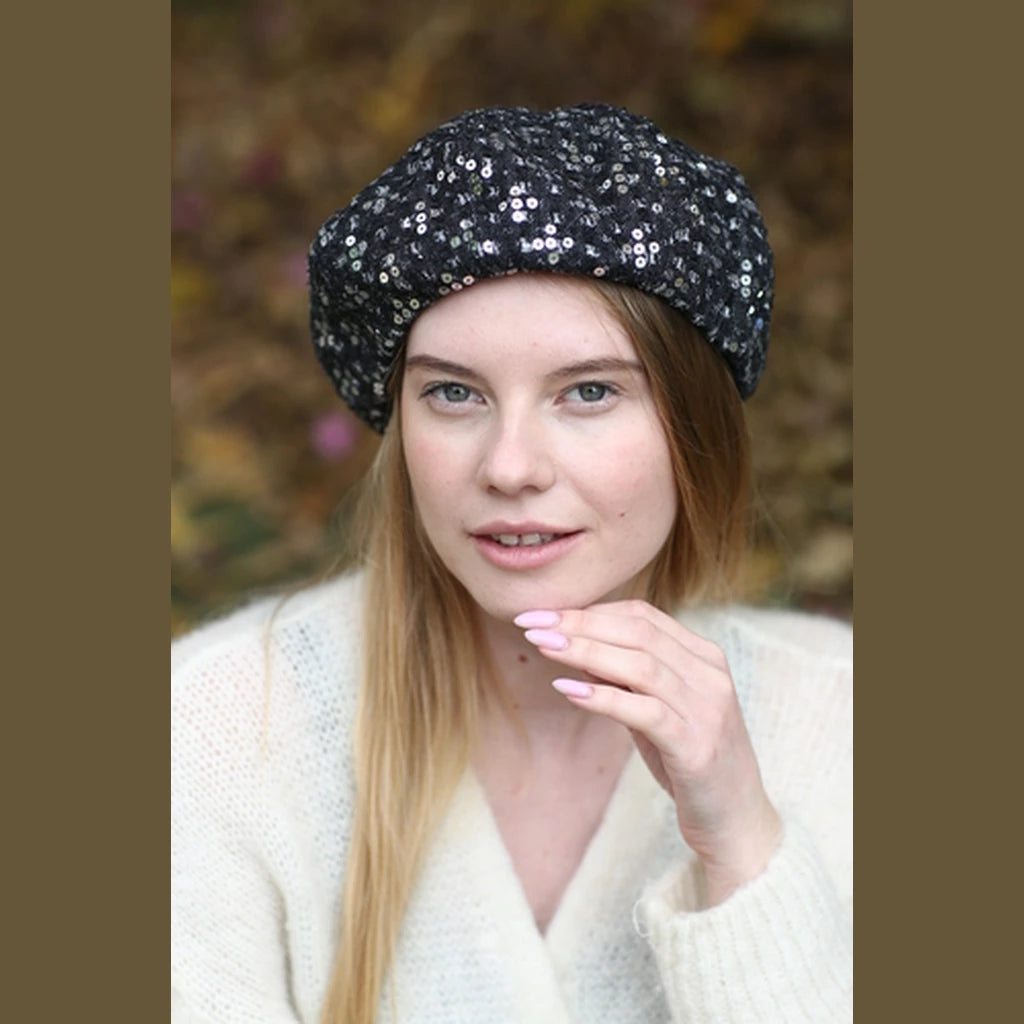 Black Denim Sequin Beret