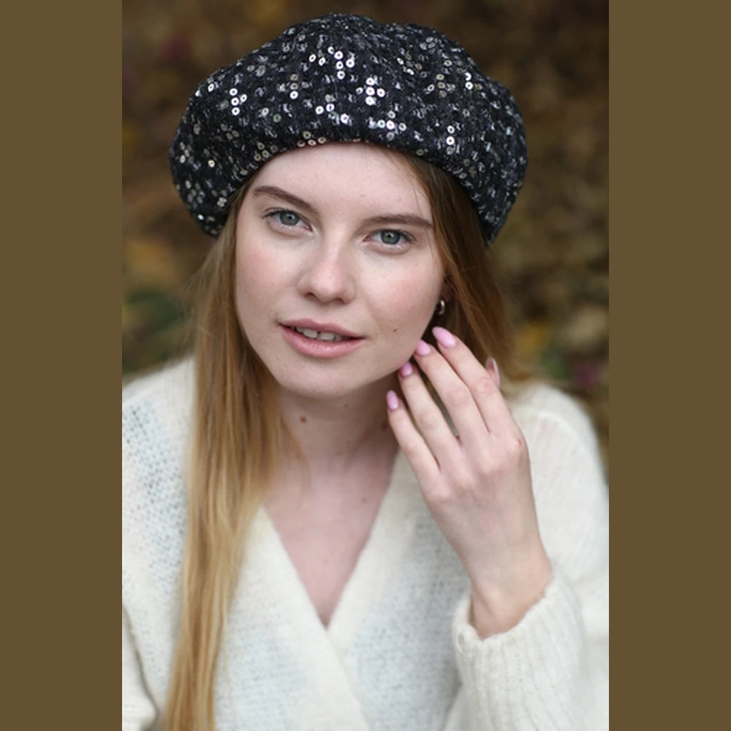 Black Denim Sequin Beret
