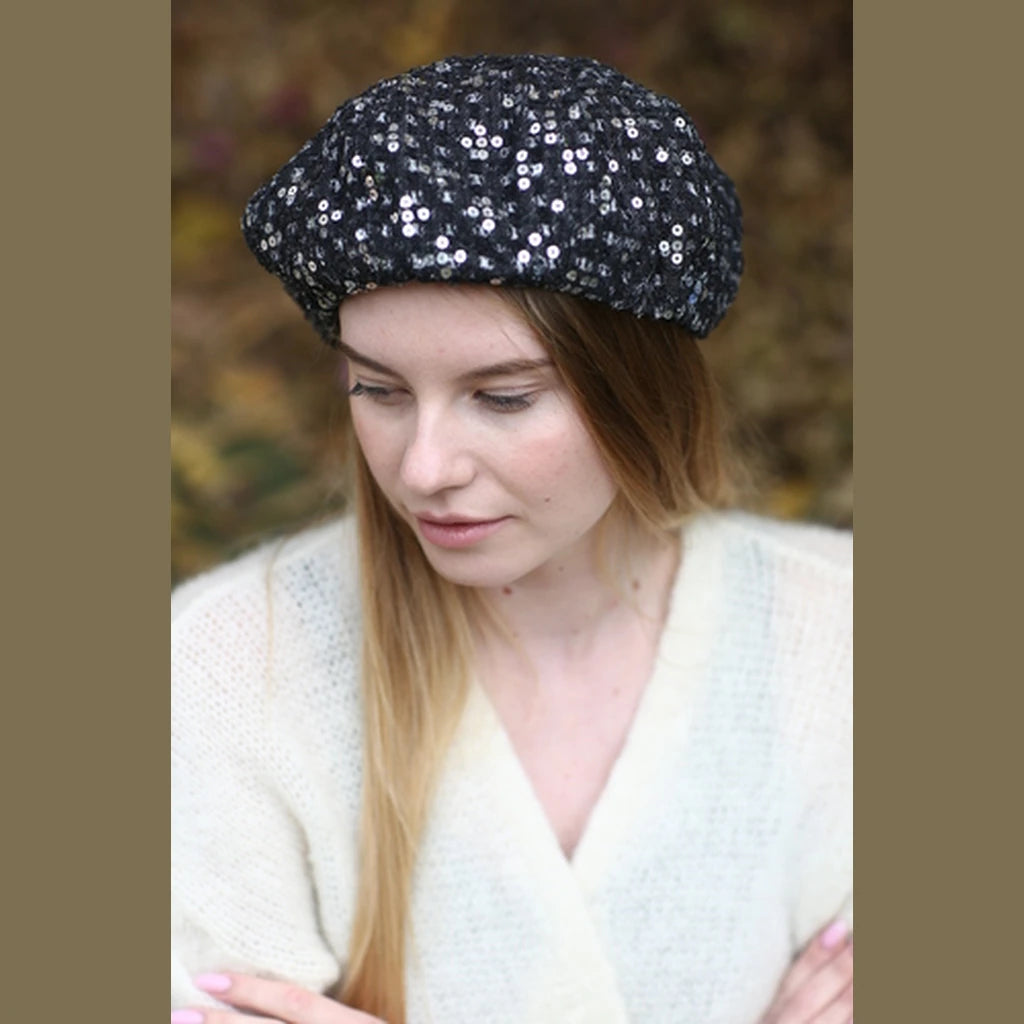 Black Denim Sequin Beret