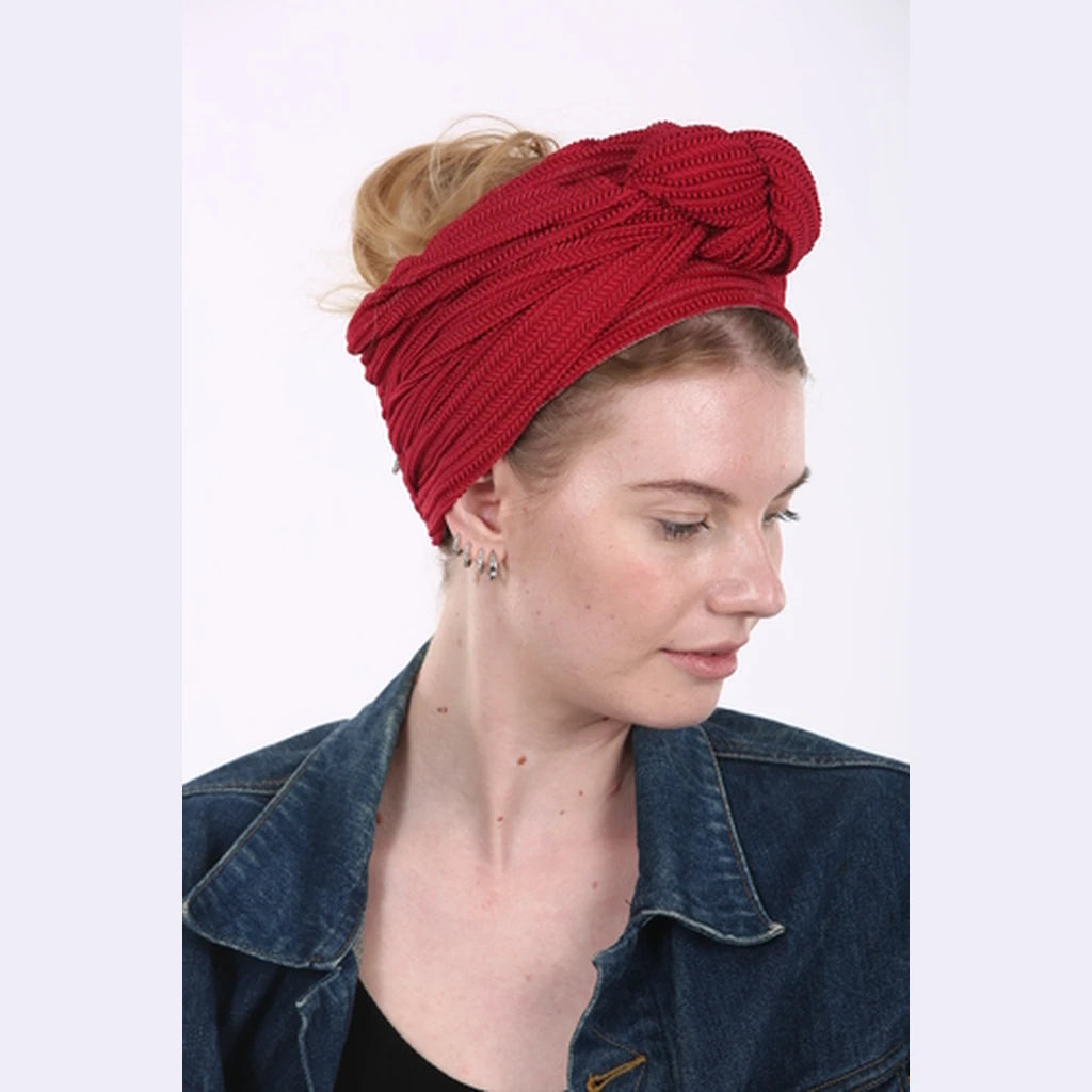Partial / Full Coverage Turban Head Covering with Built-In Volume – Red Knit