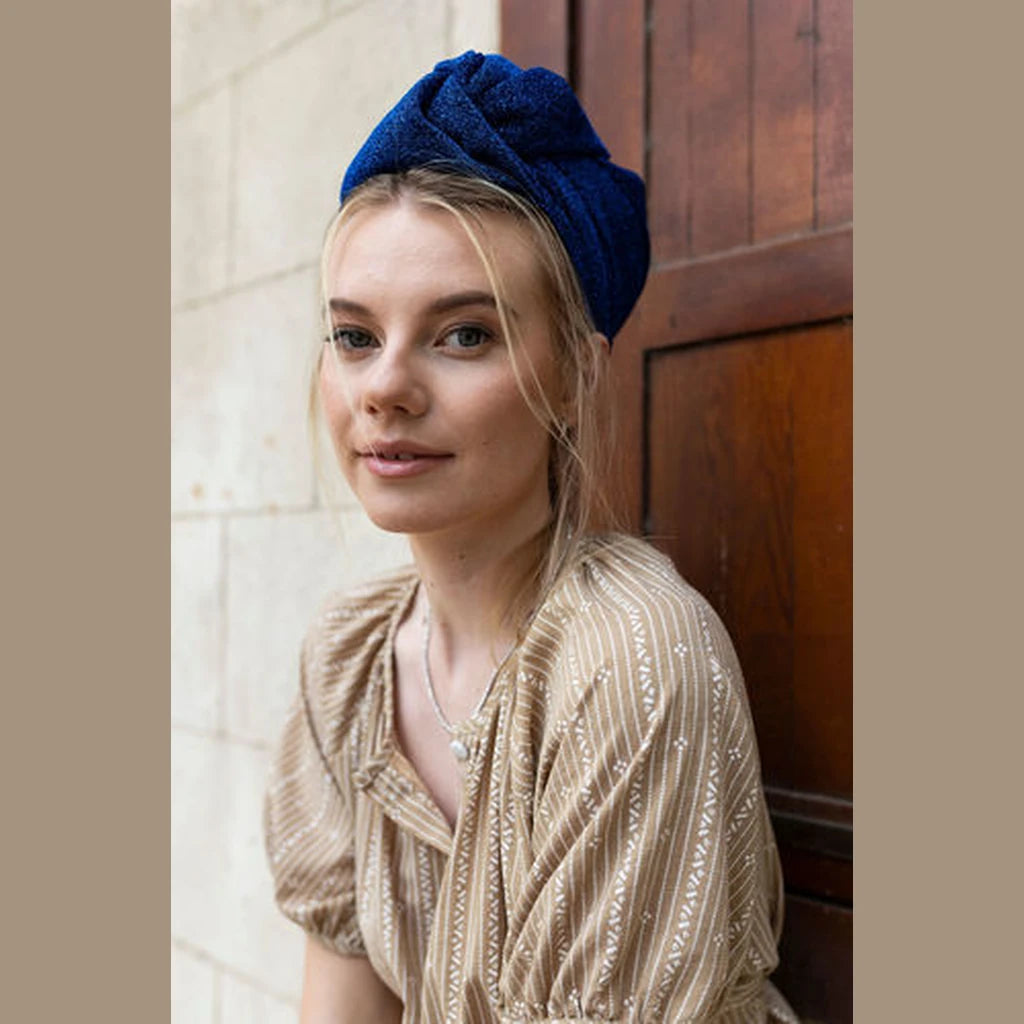 Partial / Full Coverage Turban Head Covering with Built-In Volume – Blue Lurex