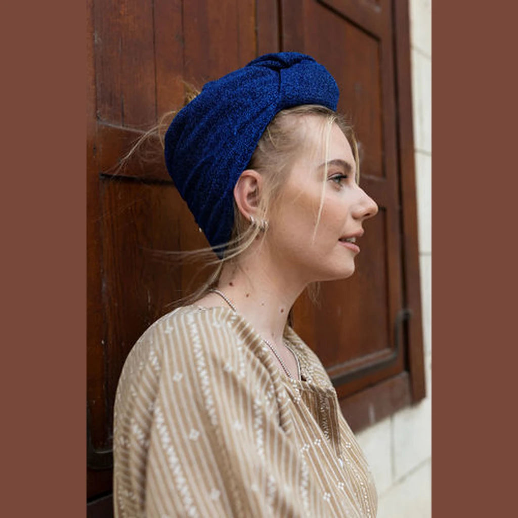 Partial / Full Coverage Turban Head Covering with Built-In Volume – Blue Lurex