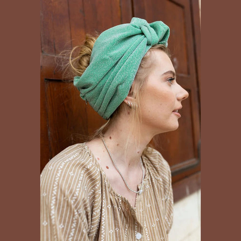 Partial / Full Coverage Turban Head Covering with Built-In Volume – Light Green Lurex