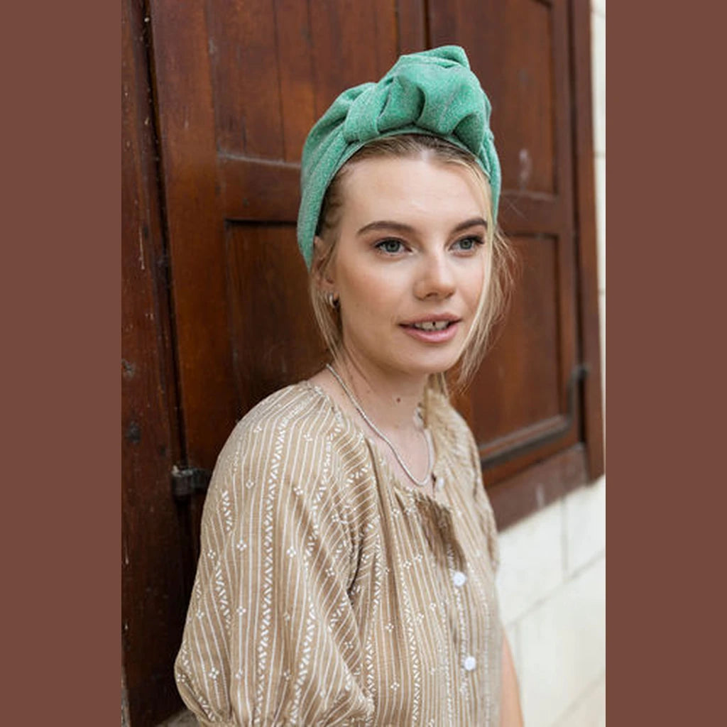 Partial / Full Coverage Turban Head Covering with Built-In Volume – Light Green Lurex