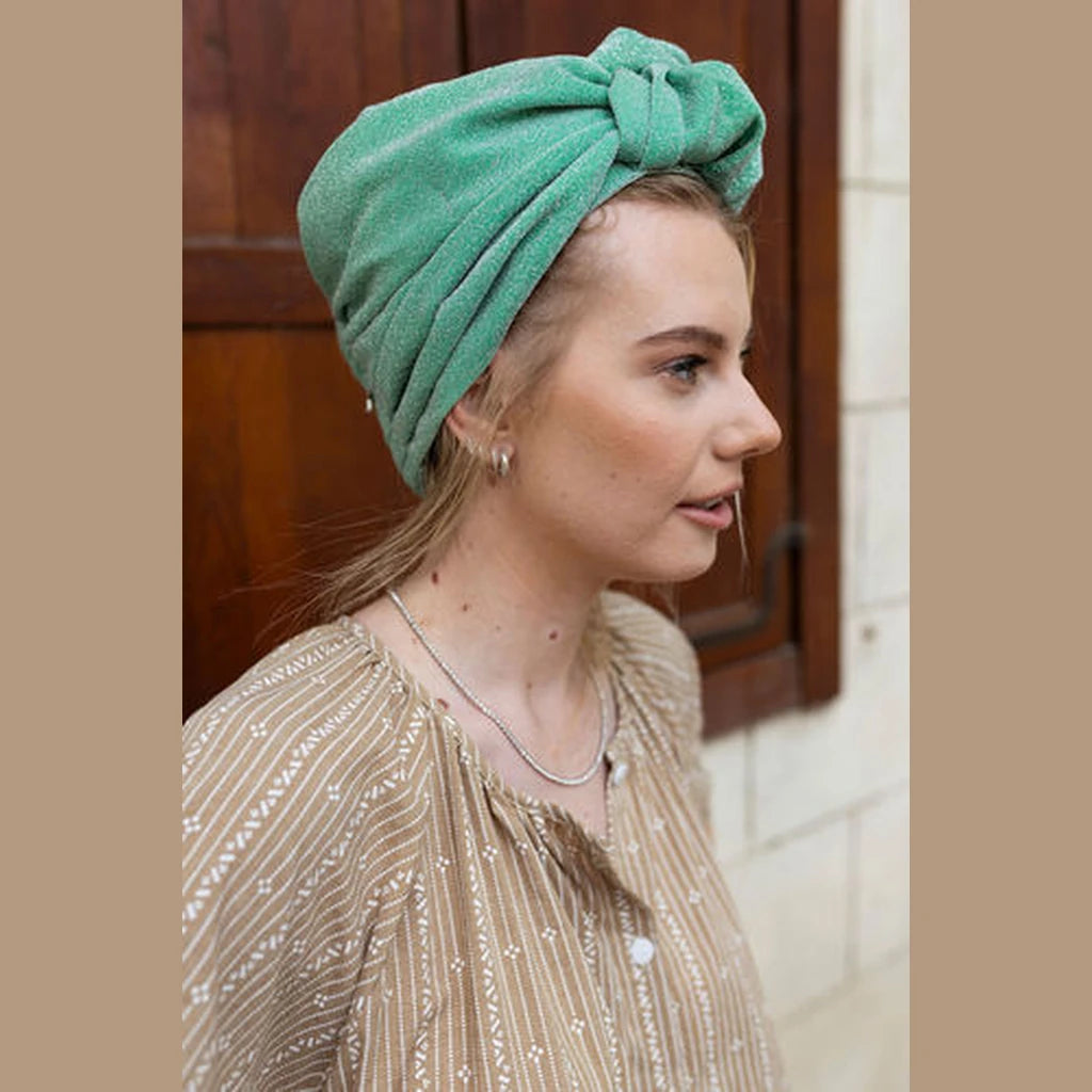 Partial / Full Coverage Turban Head Covering with Built-In Volume – Light Green Lurex