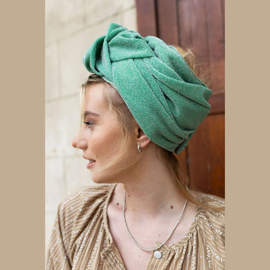 Partial / Full Coverage Turban Head Covering with Built-In Volume – Light Green Lurex