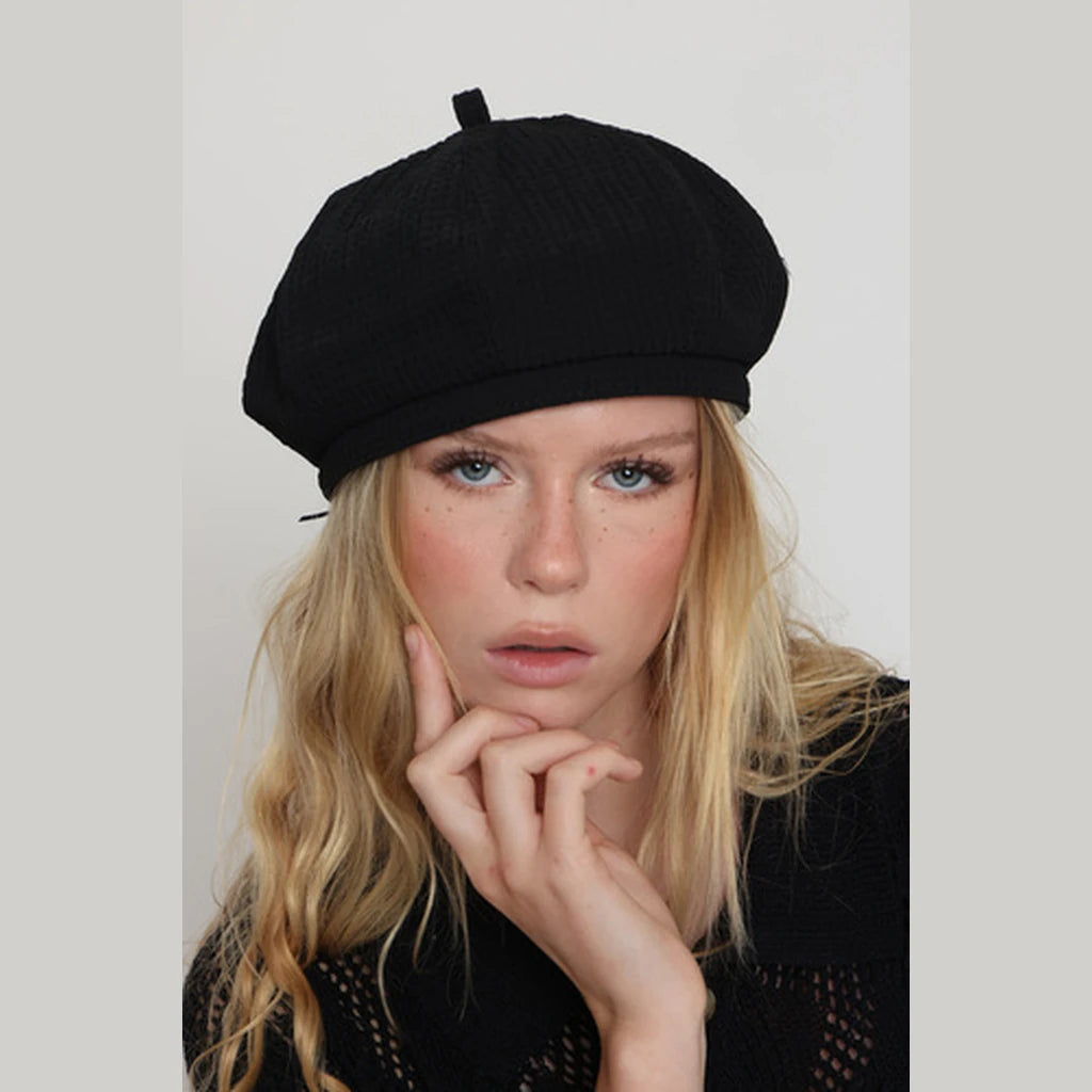 Black Pepita Cotton Beret