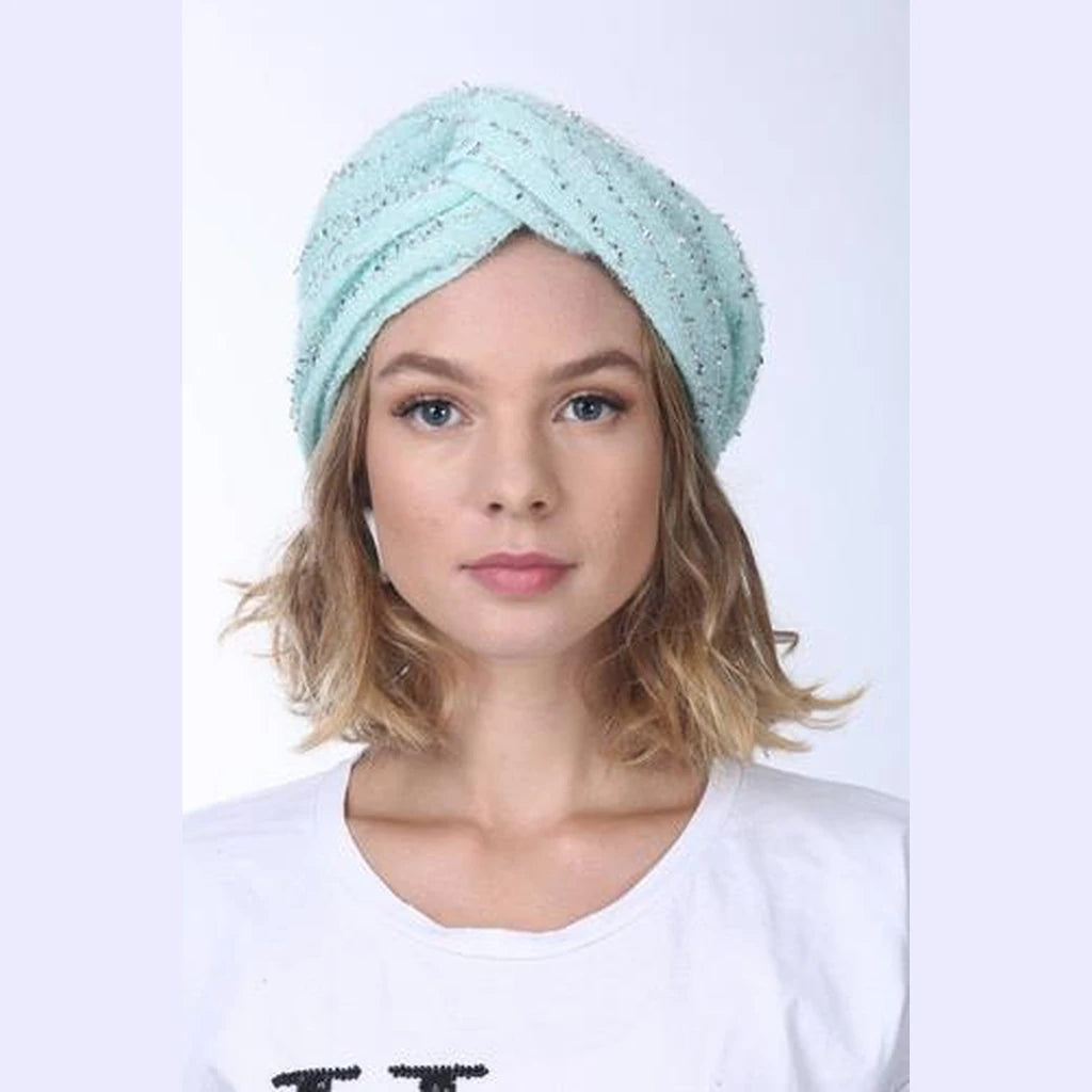 Thin Lurex Turban Head Covering – Mint & Silver