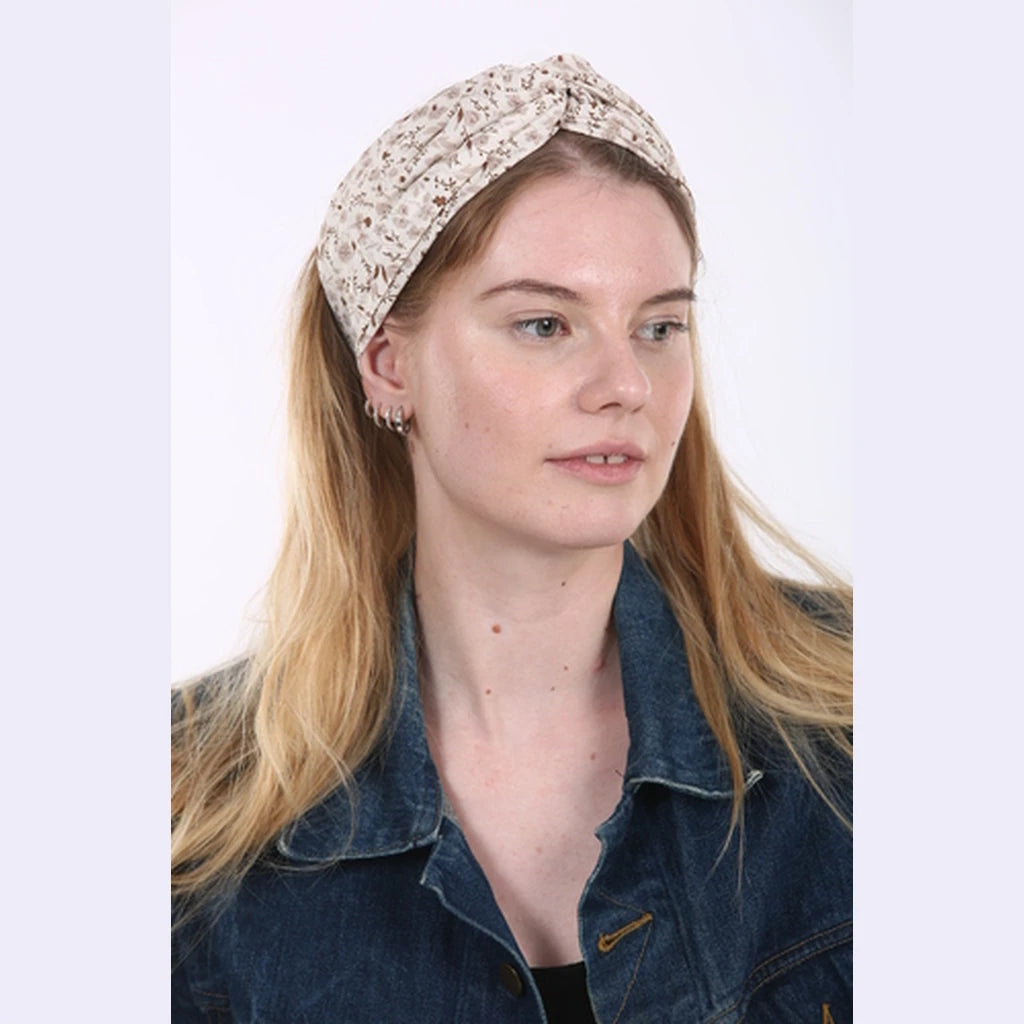 Thin Beige Print Turban Head Covering