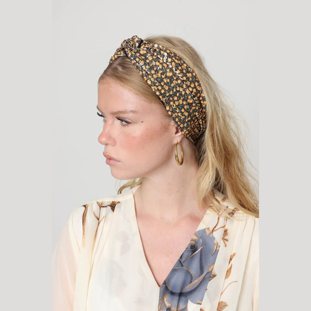 Thin Sequin Turban Head Covering – Brown & Yellow