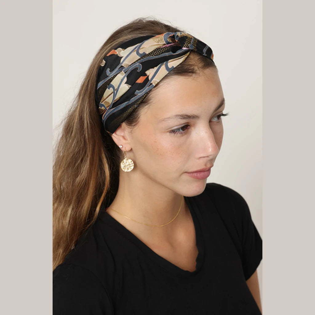 Thin Floral Turban Head Covering – Black & Orange