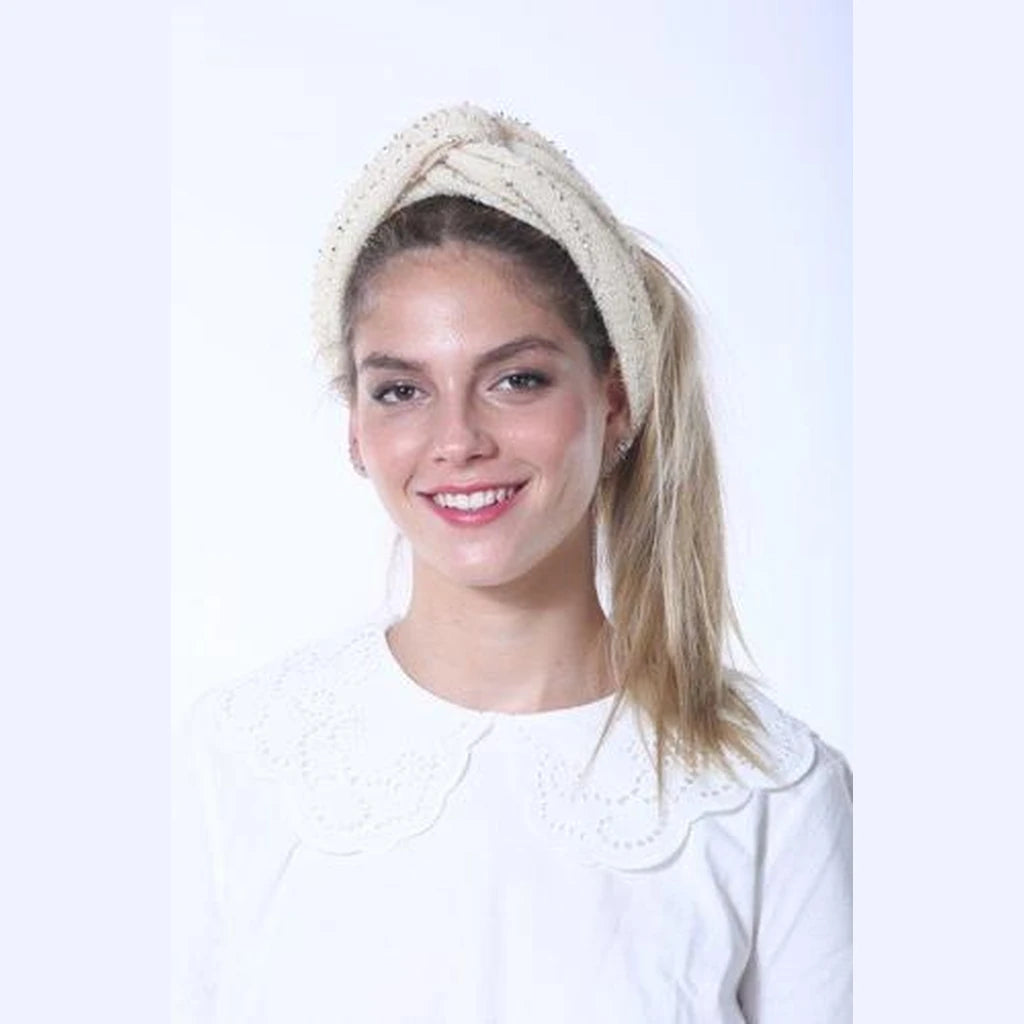 Thin Lurex Turban Head Covering – Cream with Silver Accents