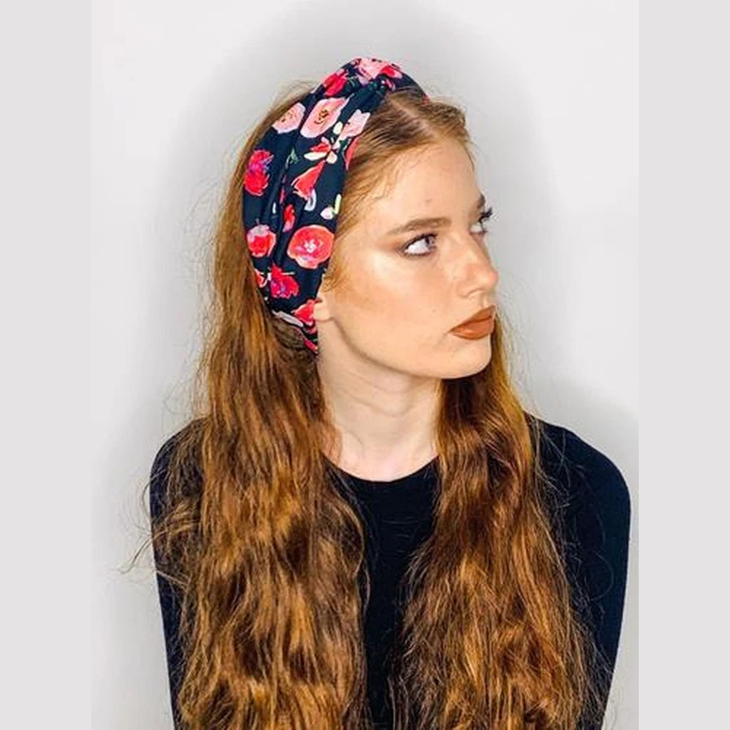 Thin Floral Print Turban Head Covering – Black