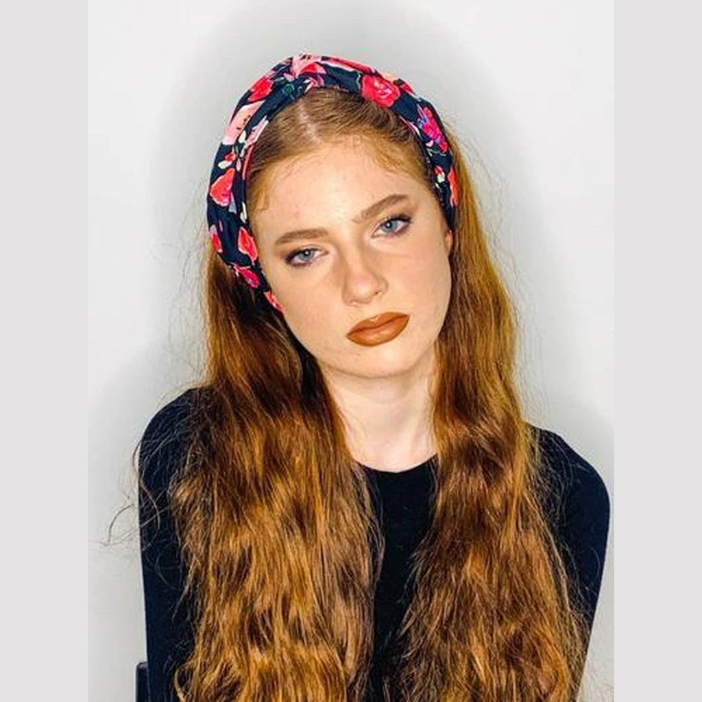 Thin Floral Print Turban Head Covering – Black