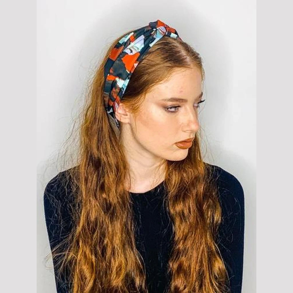 Thin Brushed Print Turban Head Covering – Black, Red & White