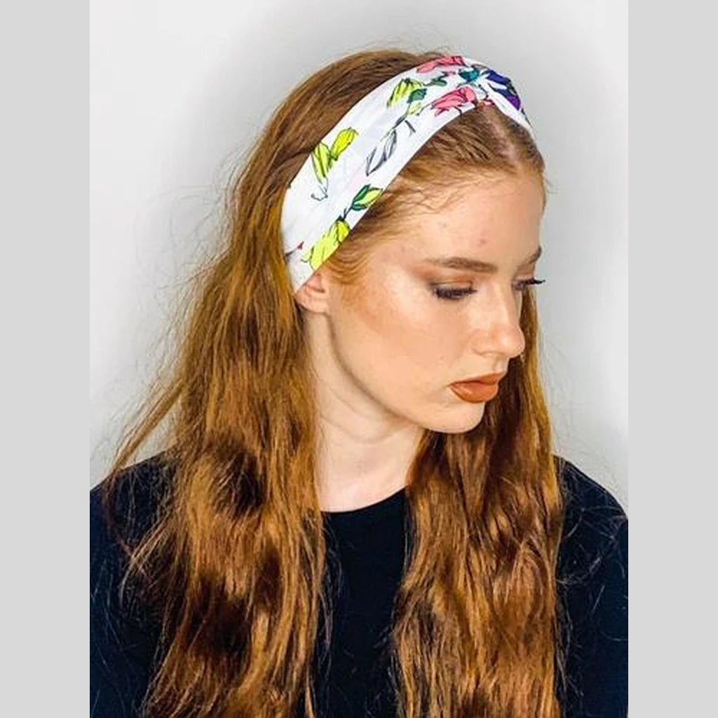 Thin Floral Print Turban Head Covering – White
