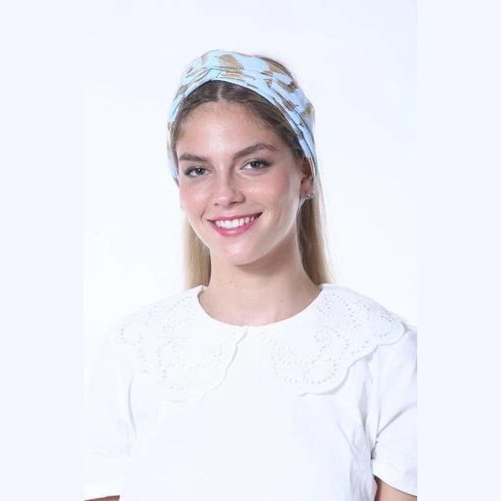 כיסוי ראש טורבן דק משי תכלת נוצות זהובות