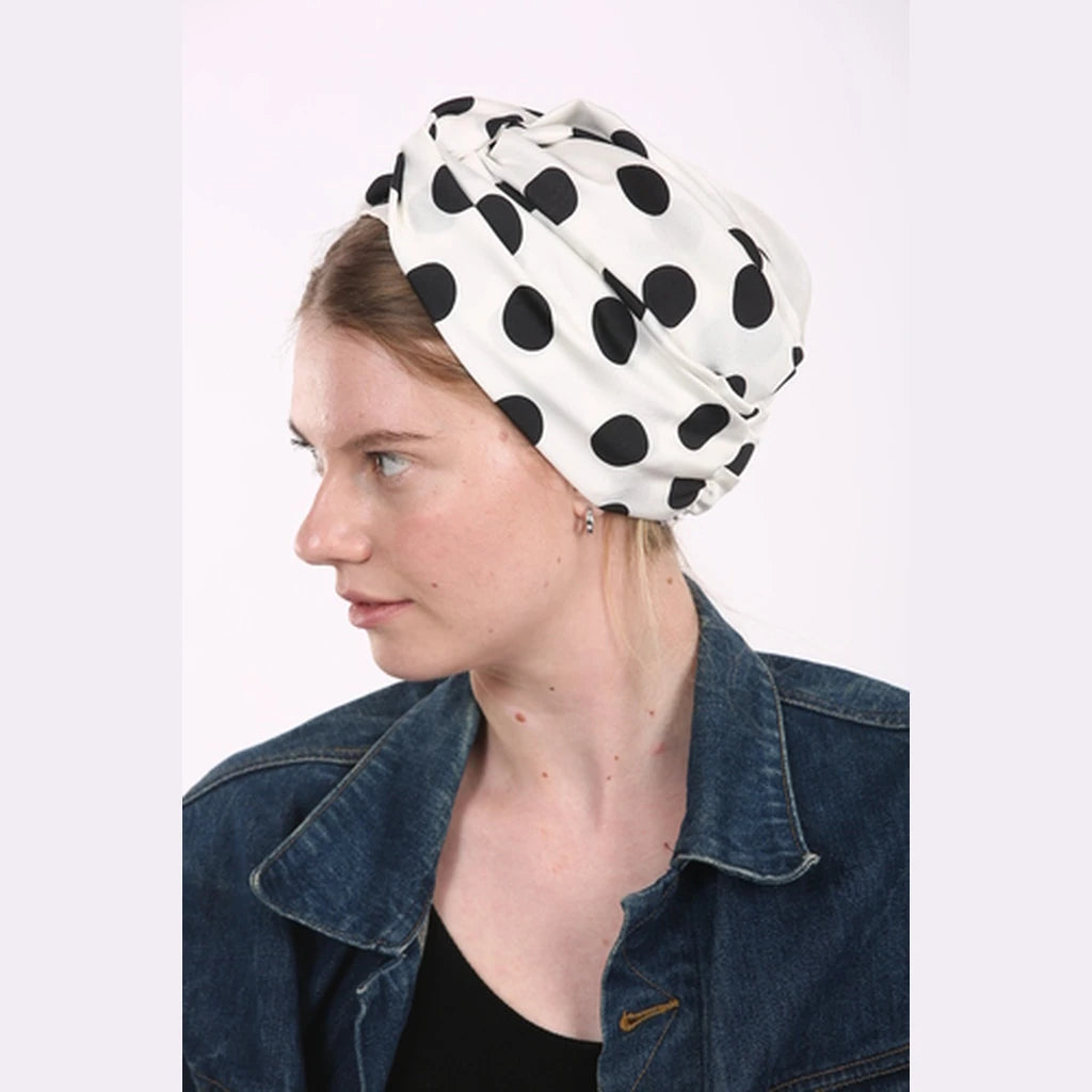 Partial & Full Coverage Polka Dot Turban Head Covering – Black on White