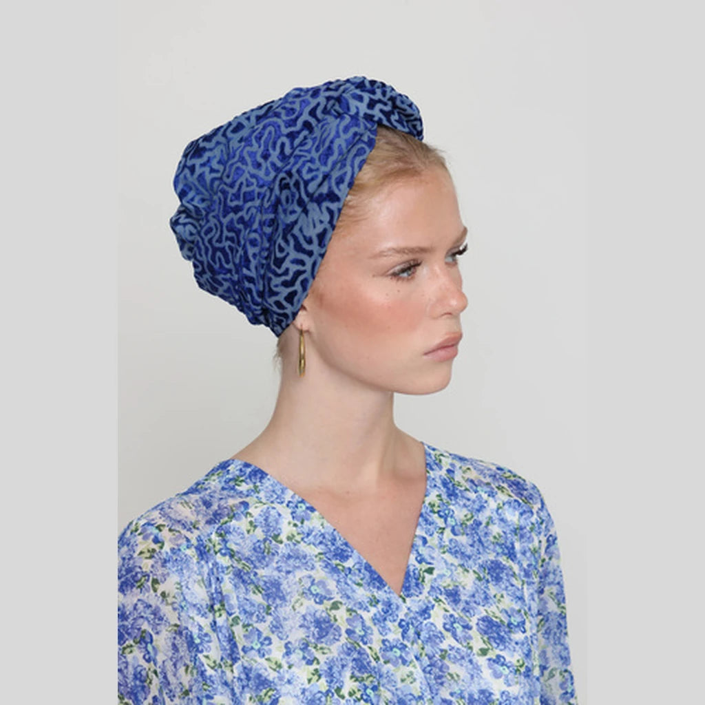 Partial & Full Coverage Velvet Accent Turban Head Covering – Blue